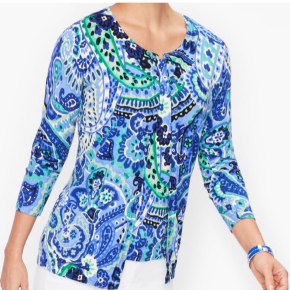 Talbots Blue/Green Watercolor Paisley Charming Cardigan size Petite Medium